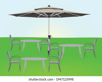 Sun umbrella, tables and chairs. cafe equipment. vector