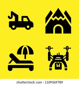 sun umbrella, truck with hook lift, drone and cave vector icon set. Sample icons set for web and graphic design