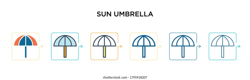 Sun umbrella vector icon in 6 different modern styles. Black, two colored sun umbrella icons designed in filled, outline, line and stroke style. Vector illustration can be used for web, mobile, ui