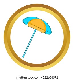 Sun umbrella vector icon in golden circle, cartoon style isolated on white background