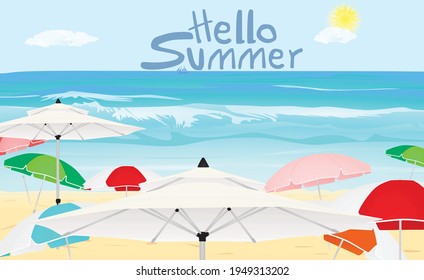 Sonnenschirme am Strand. Hallo Sommerkarte. Vektorgrafik
