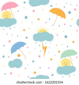   sun under an umbrella during a thunderstorm, 
seamless background, vector illustration, cartoon pattern