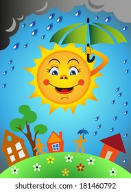 Sun under an umbrella. Rain. Earth with people and houses.