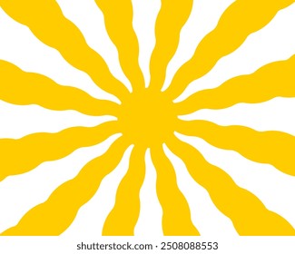 Sol con rayos amarillos ondulados. Amanecer, amanecer o atardecer de fondo en estilo groovy de moda. Fondo de pantalla temático de primavera o verano. Impresión psicodélica moderna y2k. Ilustración plana de Vector.