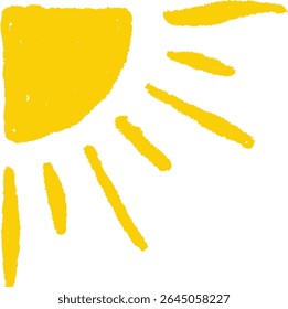 A sun with uneven rays sketched in a rough style. The drawing depicts a bright sun with a playful, childlike appearance. Cartoon vector illustration.