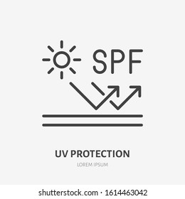 Sun uv protection line icon, vector pictogram of sunscreen spf. Skincare illustration, sign for cream, cosmetics packaging.