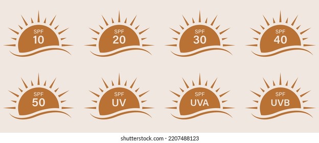 Sun UV Rays SPF 50 40 30 20 10 Protect Radiation Silhouette Icon Set. Summer Sunblock Protection Ultraviolet Rays UVA UVB Defense Skin Glyph Pictogram. Icon. Isolated Vector Illustration.