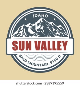 Sun Valley abstract emblem, Idaho stamp with snow covered mountains peaks, vector