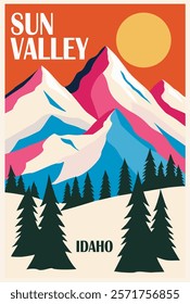 Sun Valley, Idaho, USA Ski Travel Poster in retro style. Snowy mountains landscape digital print. Winter holidays, active lifestyle. Vintage vector colorful illustration.