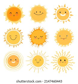 Sol. Las diversas caras sonrientes del sol. Emoticon, emoji.