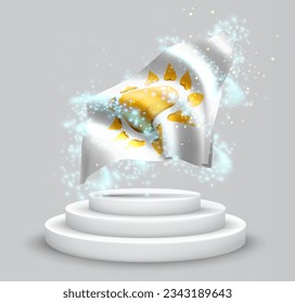Sun, vector 3d flag on the podium surrounded by a whirlwind of magical radiance