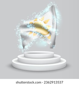 Sun, vector 3d flag on the podium surrounded by a whirlwind of magical radiance