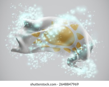 Sun, vector 3d flag in whirlwind of magical radiance