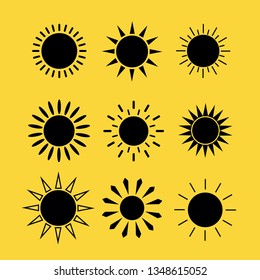 Sun vector burst icon set sol sunshine black color on white background. Isolated flat element sunlight. Illustration weather symbol design for web and app.