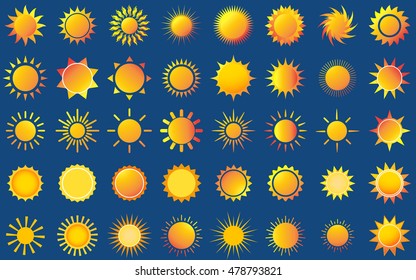 Sun vector burst icon set sol sunshine yellow color on blue background. Isolated flat element sunlight. Illustration weather symbol design for web and app.