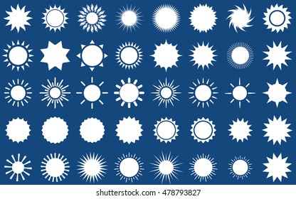 Sun vector burst icon set sol sunshine white color on blue background. Isolated flat element sunlight. Illustration weather symbol design for web and app.