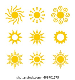 Sun vector burst icon set sol sunshine white color on white background.Sun Icon design. Isolated flat element sunlight. Sun Icon. Illustration weather symbol design for web and app.Sun Icon Vector.