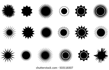 Sun vector burst icon set sol sunshine black color isolated on white background. Vector illustration.