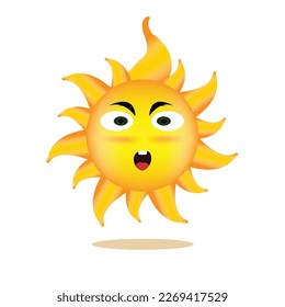 Vector solar. Alegre sol divertido de dibujos animados. Caricatura divertida de la isla tropical del sol 