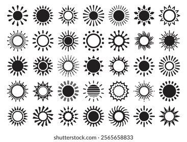 Sun, vector design elements. Hand drawn icons set on a white background.