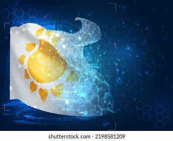 Sun,  vector flag, virtual abstract 3D object from triangular polygons on a blue background