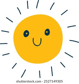 Sun Vector Funny Isolated on White Background, Cute summer sunshine emoji. Yellow childish sunny emoticon. Smiling baby sun with sunbeams.