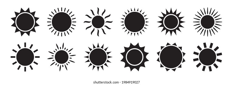 Sun vector icon, black solar set silhouettes isolated on white background. Summer illustration