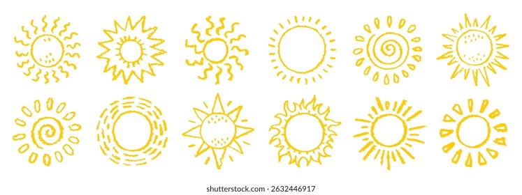 Ícone de vetor do Sol. Crayon ou escova sol brilho verão stapm bg. Doodle sol amarelo, nascer do sol, pôr do sol, ray logotipo desenhado à mão. Elemento de verão de criança feliz. Ícone bonito de luz do sol de pintura de aquarela áspera de desenhos animados