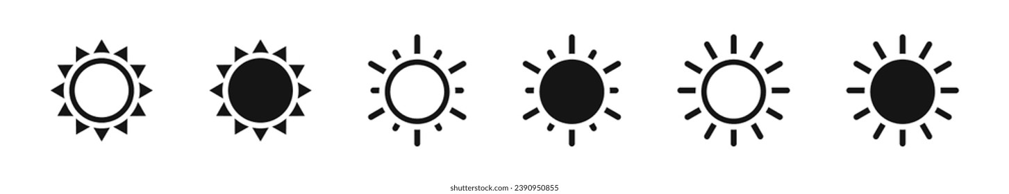 Sun vector icon set. Flat black sun icons. Sun silhouettes.