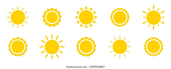 Sun vector icon set. Sunshine icons. Sunrise or sunset. Yellow sun icon collection. Sun simple icons collection. 