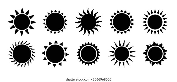 Sun vector icon silhouette set in black colour. Sun icon set. Black sun star icons collection. Summer, sunlight, nature, weather icon sky. Vector illustration isolated on white background.