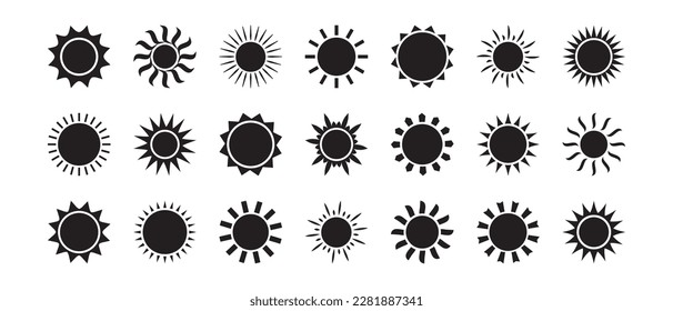 Sun vector icon, summer symbol, sunny set, black silhouette isolated on white background. Cartoon solar ray illustration