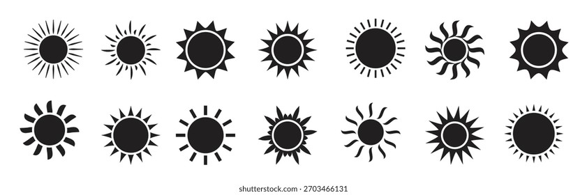 Icono de Vector de sol símbolo de verano conjunto soleado silueta negra Ilustración de rayos solares de dibujos animados