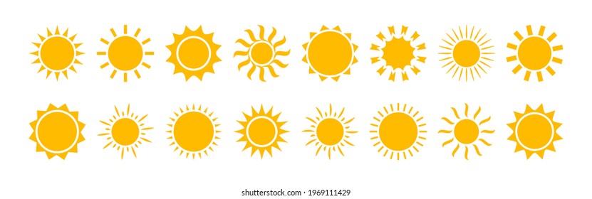 Sun vector icon, yellow solar set isolated on white background. Summer illustration