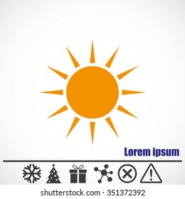 Sun vector icon.Bonus icons: snowflake, Christmas tree,gift,molecule,delete icon and Hazard warning attention sign.