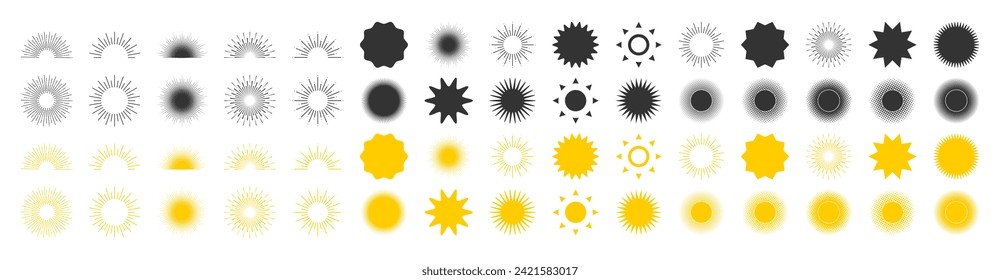 Colección de iconos vectoriales de Sun. Icono de Sol. Icono de salida. Iconos de Sunburst