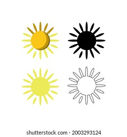 Sun, vector icons. The sun disk is colored, black, silhouette, white outline. Flat cartoon isolated on white background, eps 10.