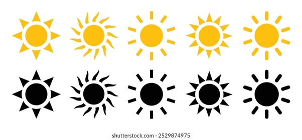 Sun vector icons. Set of 10 sun vector icon set in yellow and black color isolated set. Sun icons collection. Solar summer icon isolated on white background. Flat design. Vector illustration.