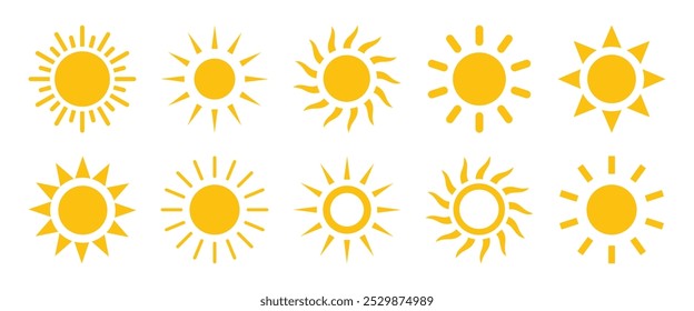 Sun vector icons. Set of 10 sun vector icon set in yellow color isolated set. Sun icon collection. Solar summer icon isolated on a white background. Flat design. Vector illustration.