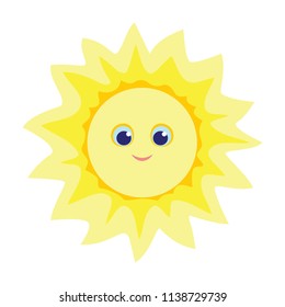 Sun vector illustration in flat style. Funny weather icon isolated on white background. Smiling character.