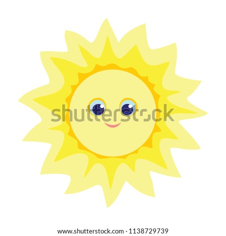 Sun vector illustration in flat style. Funny weather icon isolated on white background. Smiling character.