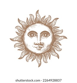 Sun vector illustration. Sun hand drawing in vintage style. The sun is a symbol of esotericism and occultism