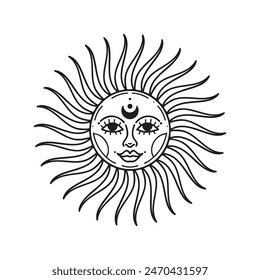 Sun vector illustration, hand drawn celestial boho line art logo, icons and symbol mystic moon tattoo elements for decoration.