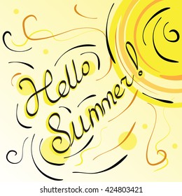 Sun vector illustration isolated. Hello Summer lettering against the background of the solar disk with rays. Symbol of heat, summer, vacation, holiday, relaxation, tan. Imitation of watercolor