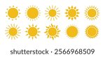 Sun vector illustration set in yellow color. Sun icon set. Yellow sun icons. Sunset icon collection. Yellow sun star icons. Solar energy. Vector illustration