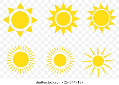 Sun vector illustration set in yellow color. Sun icon set. Yellow sun icons. Sunset icon collection. Yellow sun star icons. Solar energy. Vector illustration 