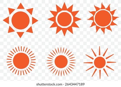 Sun vector illustration set in yellow color. Sun icon set. Yellow sun icons. Sunset icon collection. Yellow sun star icons. Solar energy. Vector illustration 