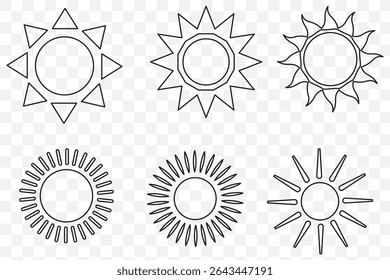 Sun vector illustration set in yellow color. Sun icon set. Yellow sun icons. Sunset icon collection. Yellow sun star icons. Solar energy. Vector illustration 