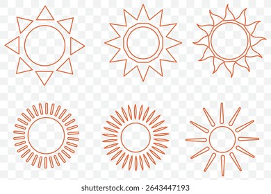 Sun vector illustration set in yellow color. Sun icon set. Yellow sun icons. Sunset icon collection. Yellow sun star icons. Solar energy. Vector illustration 