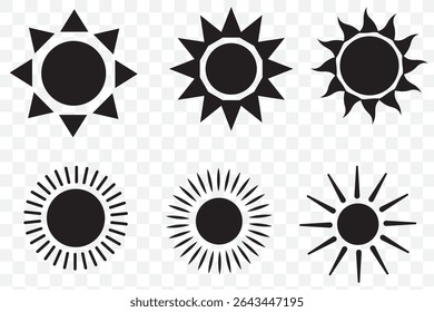 Sun vector illustration set in yellow color. Sun icon set. Yellow sun icons. Sunset icon collection. Yellow sun star icons. Solar energy. Vector illustration 